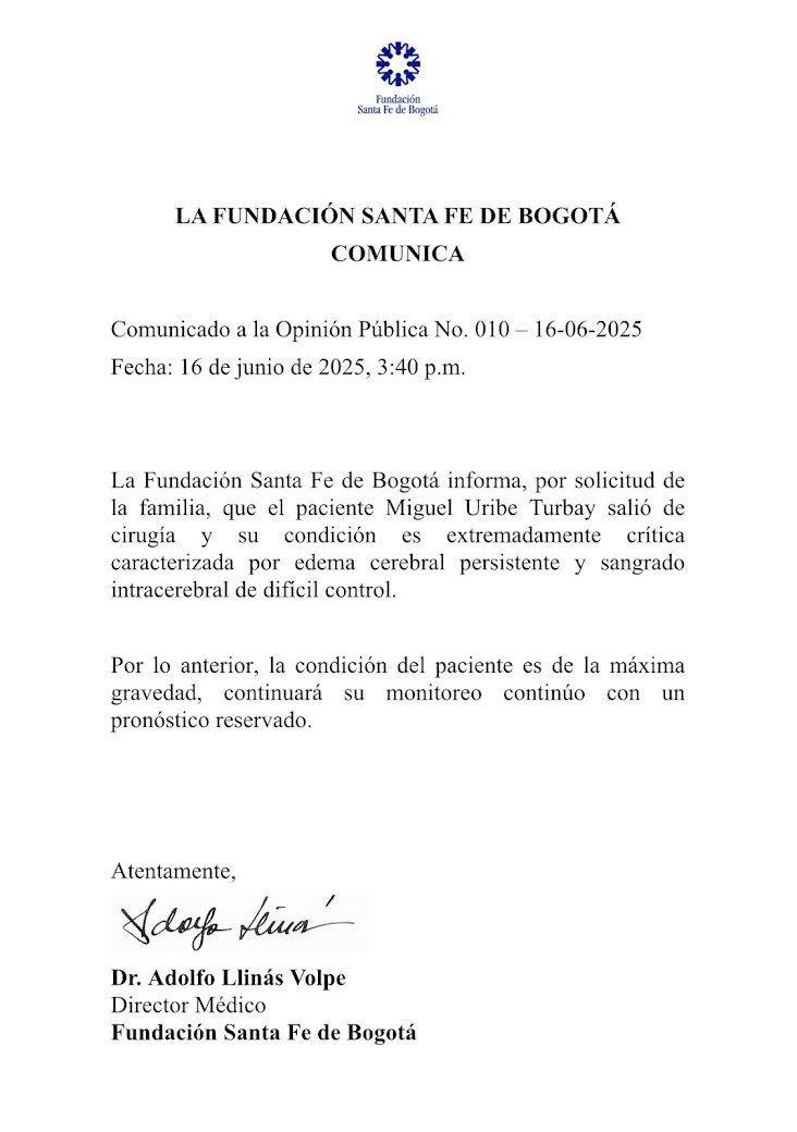 Nuevo comunicado sobre la salud de Miguel Uribe Turbay
