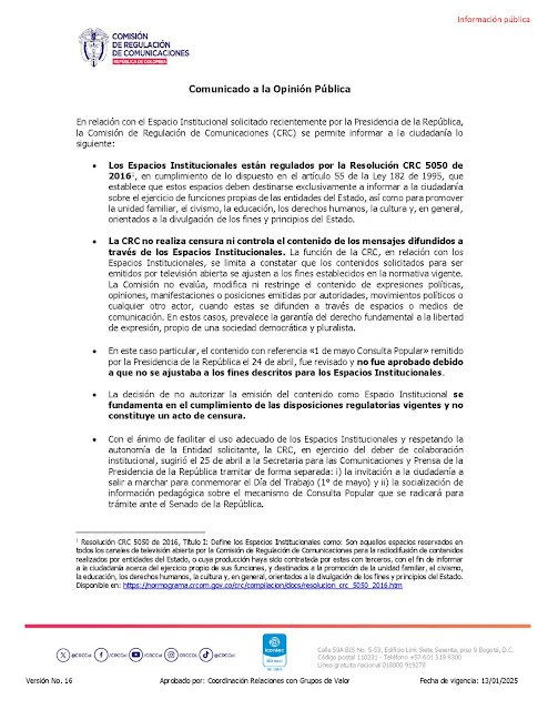 🚨 #ATENCIÓN | CRC corta la señal de Petro: ¿censura encubierta a la Consulta Popular del 1.º de Mayo?