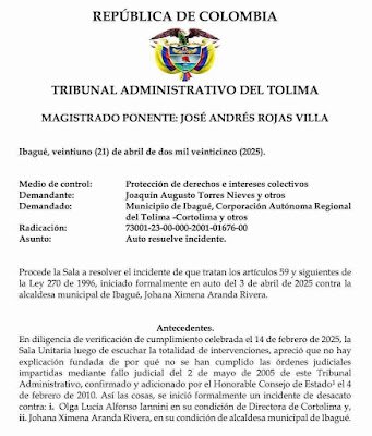 🚨 #Extra | Tribunal Administrativo del Tolima ordena arresto de la alcaldesa de Ibagué, Johana Aranda, por desacato judicial