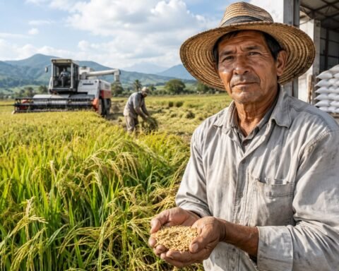 Campesino colombiano en un cultivo de arroz, ante la competencia de las importaciones de Estados Unidos