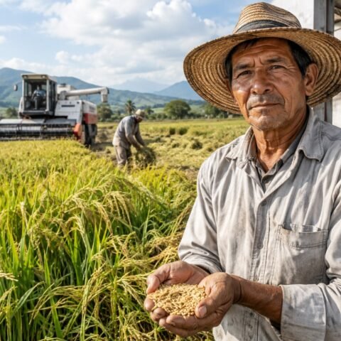 Campesino colombiano en un cultivo de arroz, ante la competencia de las importaciones de Estados Unidos