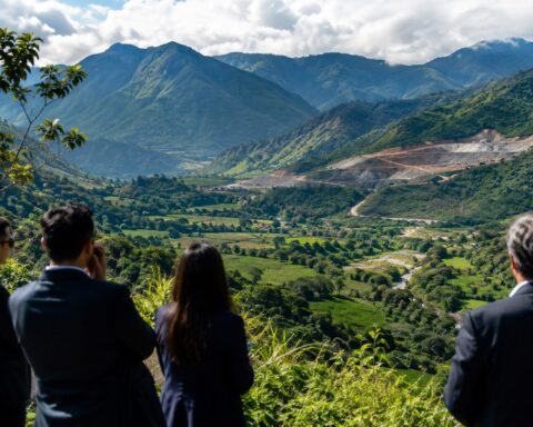 Paisaje montañoso del Tolima con una zona de exploración minera al fondo, ilustración del debate por los minerales críticos y la inversión extranjera