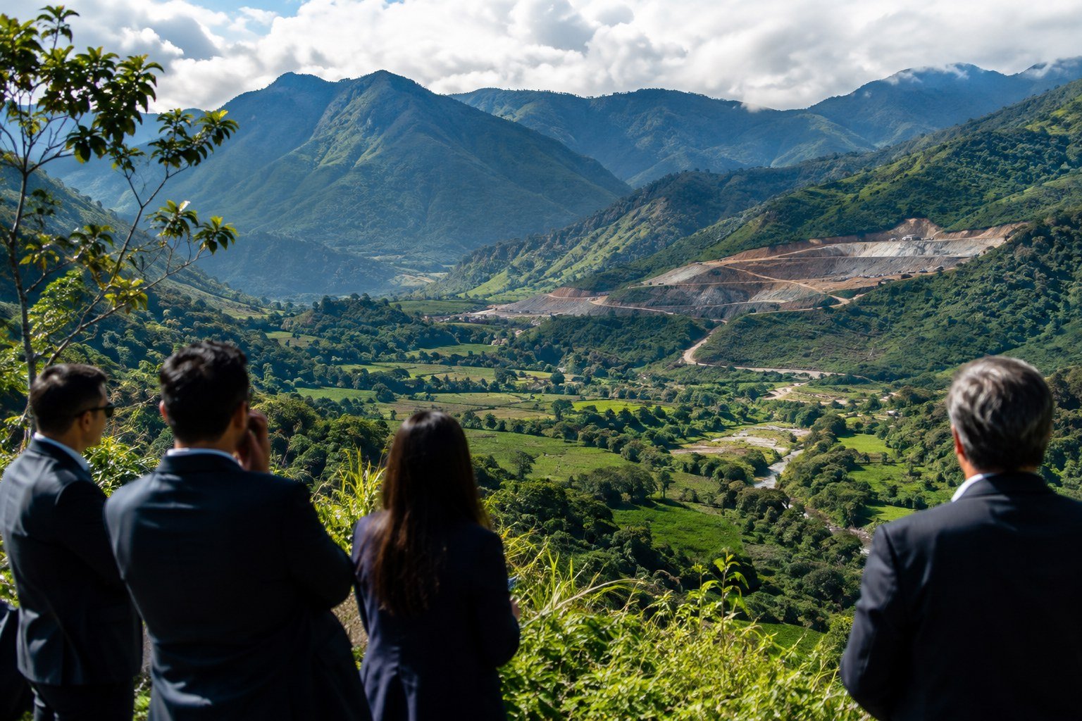 Paisaje montañoso del Tolima con una zona de exploración minera al fondo, ilustración del debate por los minerales críticos y la inversión extranjera